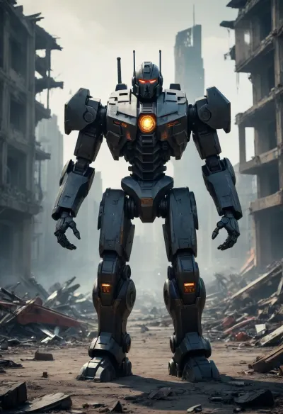 battle mech, black armor, glimming, in front of a destroyed city