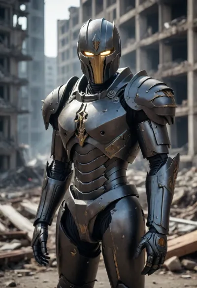 Mechanical goleaf, black armor, glimming, in front of a destroyed city