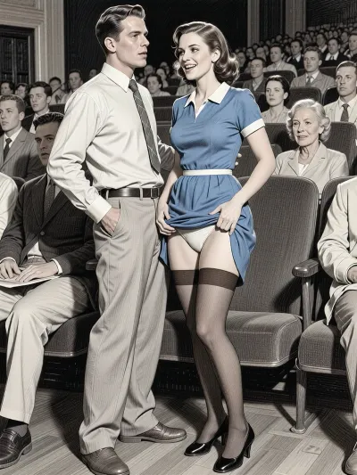 This is a detailed monochromatic pencil drawing in a classical illustrative style depicts a scene set in in the movie theater in the 1950s, 1 younger guy and 1 older woman, The younger guy 's hand is on the woman's crotch, The younger guy touchs milf's hips by fingers while watching the movie, woman smiling, her legs slightly apart, younger guy look at her, woman is wearing a 1950s blue dress and Her dress is slightly pulled up, she is wearing brown stockings and white panties, lady heels. with brown hair, younger guy is looking sexually aroused and lustful, head tilted back enjoying, candid amateur picture, younger guy is fully visible, (((younger guy looking at woman and woman are looking straight ahead at camera))), The overall style is a black and white pencil drawing, capturing a candid moment. The scene has a formal, organized atmosphere.The cinema is full of people sitting, The overall mood is intense, rendered in fine, expressive line work and subtle shading, evoking the style of 1950s satirical or moralistic illustrations.