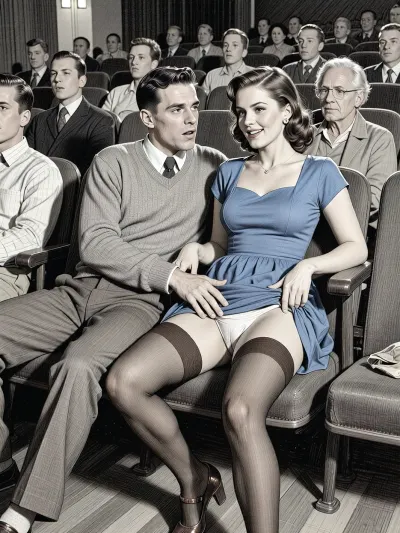 This is a detailed monochromatic pencil drawing in a classical illustrative style depicts a scene set in in the movie theater in the 1950s, 1 younger guy and 1 older woman, The younger guy 's hand is on the woman's crotch, The younger guy touchs milf's hips by fingers while watching the movie, woman smiling, her legs slightly apart, younger guy look at her, woman is wearing a 1950s blue dress and Her dress is slightly pulled up, she is wearing brown stockings and white panties, lady heels. with brown hair, younger guy is looking sexually aroused and lustful, head tilted back enjoying, candid amateur picture, younger guy is fully visible, (((younger guy looking at woman and woman are looking straight ahead at camera))), The overall style is a black and white pencil drawing, capturing a candid moment. The scene has a formal, organized atmosphere.The cinema is full of people sitting, The overall mood is intense, rendered in fine, expressive line work and subtle shading, evoking the style of 1950s satirical or moralistic illustrations.