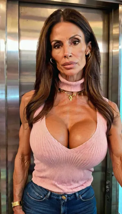 Standing in elevator, huge fake tits cleavage, pink turtleneck knit sweater, ((old, 50yo)), handcuffed, gold hoop earrings, nose ring, tattoos, sexy neck, ((old brown hair mom woman)), (tan skin), (skinny muscle:1.3), (beautiful Mexican instagram model face), (fit body), very beautiful, perfect skinny body, perfect face, looking at the camera, perfect eyes, (skinny fit), pretty, snub-nosed, long hair, 4ng3l, face, <lora:clothed_small:1.8>, <lora:SDXL_BetterFaces-LoRA_v1:.8>, bmbplora, <lora:bimboxl_02:.8>