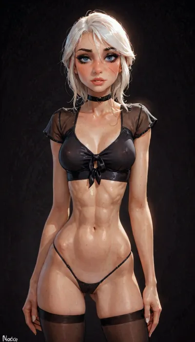 (reiq meets innv and Jack cayless art style), (Incase style:1.2), beautiful girl, (black eyeliner:1.3), (((solo))), (black choker), (narrow waist:1.3), (sexy abs:1.5), (ruined makeup:.6), bangs over eye, symmetrical blue eyes, snub nose, plumb lips, parted lips, teeth visible, half-closed eyes, small breasts, (erect puffy nipples), 1girl, ((face focus)), (face closeup), beads of sweat, sweat body, beautiful curves of the body, (underboobs), (tight cleavage), (tied plunging neckline), (cute horny:1.3), (black stockings), (pussy cameltoe:1), realistic detailed, deep insertion, intim light, (black transparent crop top:1.4), (black micro panties), (upper body view), (simple dark background:1.8), skin texture, futuristic-fantasy-anime, incase, style, (ciri), (cirilla), <lora:sd_xl_turbo_lora_v1-64dim:2>, <lora:futureistic_fantasy_anime_sdxl_v1:2>, <lora:Incase_Style__SDXL:2>, <lora:Witcher3TurnXL_v1:.8>