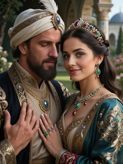 A painting depicting Sultan Suleiman and his concubine standing side by side in the gardens of Topkapi Palace. A medium shot with cinematic lighting. Their hands rest naturally on their chests. Suleiman’s face bears a majestic, loving expression. The concubine smiles elegantly. Their faces are rendered in minute detail in an extreme close-up, with exceptionally expressive eyes. Magnificent, highly detailed Ottoman jewellery, a turban adorned with a feather and fastened with a gemstone — worn by the sultan — whilst the concubine wears an elegant tiara and earrings encrusted with emeralds and rubies, as well as gemstone necklaces with impeccable texture. Photorealistic textures on Ottoman silk garments, 8K resolution, award-winning digital art capturing the realism of the jewellery.