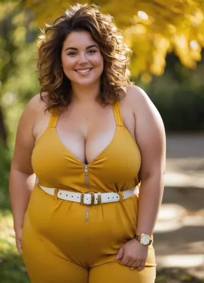 portrait, candid picture, plump woman, bright smile, perfect skin, looking at viewer, ((messy hair)), medium curly hair, fat round breasts, mesmerzizing eyes, dappled sunlight, park, yellow jumpsuit, zipper, wristwatch, white belt, white boots, <lora:runga_8.1-000002:.2>, <lora:style_lora_realis:.4>