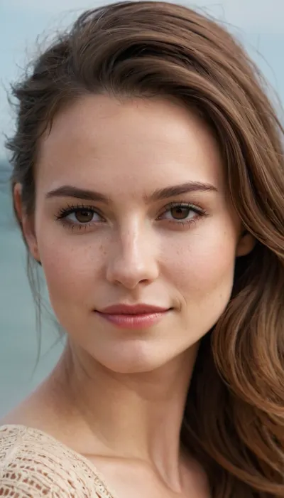 Caucasian woman with English heritage.

Face, soft oval-to-heart-shaped facial structure with balanced proportions, gently rounded cheeks, a softly defined jawline, and a subtly rounded chin. Pale complexion with a natural warm-neutral undertone and realistic skin texture. Freckles. Medium-sized almond-shaped eyes with warm brown tones, naturally defined eyebrows with a gentle arch, and softly defined eyelashes. A small-to-medium straight nose with a softly rounded tip. Naturally shaped lips with a moderately full lower lip, defined cupid’s bow, and a warm, genuine smile showing straight white teeth. Subtle cheek definition and natural smile lines.

Hair, dark brown, straight-to-slightly-wavy hair with a smooth texture. Medium length, falling around and slightly past the shoulders. A side-to-center part with face-framing strands and soft pieces falling naturally around the cheeks. Keep the overall hairstyle feminine, understated, and realistic.

Expression, friendly, warm, approachable expression with a natural closed-tooth or subtle tooth-showing smile. Relaxed eyes and authentic facial expression rather than an exaggerated model-like pose.

Overall appearance, preserve the recognizable combination of facial proportions, eye shape, nose structure, mouth shape, cheek structure, jawline, and overall facial harmony visible across both references. Do not exaggerate or idealize individual features. Maintain natural asymmetry and realistic human details.

Photography, photorealistic DSLR portrait, natural skin pores and texture, realistic lighting and shadows, soft depth of field, eye-level camera, 50mm portrait-lens look, sharp focus on the eyes and face, subtle background blur, authentic candid photography, high facial detail, realistic color and texture, no artificial beauty-filter appearance.
