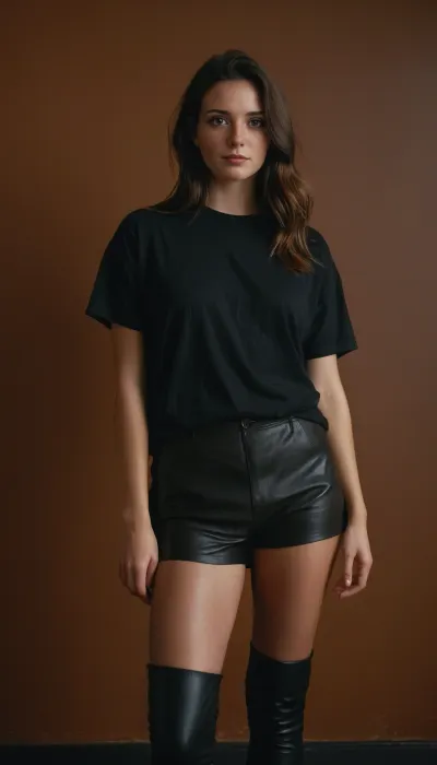 29 year old, brunette, oversized tshirt, black tshirt, loose tshirt, black tights, black leather shorts