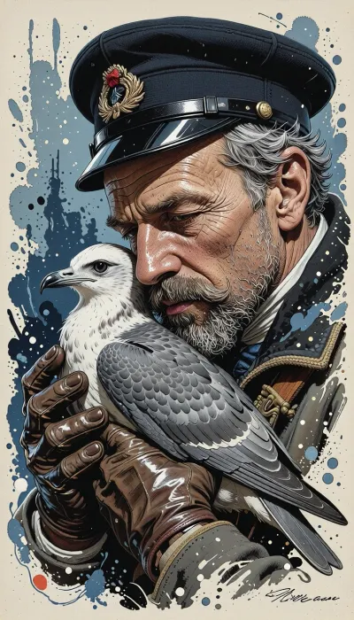 Affiche illustrée dans le style des gravures d'expédition polaire du début du XXe siècle, cadrage resserré en portrait sur Jean-Baptiste Charcot, explorateur et commandant français, tenant contre sa joue sa mouette Rita dans un dernier geste de tendresse. Son visage burin par des années d'expéditions arctiques et antarctiques porte les marques du vent, du sel et du froid, rides profondes autour des yeux, barbe et moustache grisonnantes soigneusement taillées mais alourdies par l'humidité, quelques mèches de cheveux gris s'échappant sous sa casquette de commandant sombre, dont la visière luisante capte un reflet de lumière orageuse. Son expression mêle une tristesse contenue et une dignité stoïque, sourcils légèrement froncés, regard baissé vers l'oiseau qu'il tient délicatement entre ses mains gantées de cuir usé, les doigts refermés avec une délicatesse presque paternelle. La mouette Rita, plumage blanc et gris cendré, la tête nichée contre la joue de son maître, un œil noir brillant tourné vers lui, ailes à peine entrouvertes, comme suspendue entre l'envol et l'attachement. Autour d'eux, le fond se dissout en larges aplats et traînées de couleur façon gravure à l'encre et lavis, teintes de bleu marine profond, gris ardoise et touches d'ocre pâle évoquant une lumière de tempête sans jamais décrire de forme reconnaissable — ni ligne d'horizon, ni silhouette de navire, seulement une texture atmosphérique abstraite, hachures et éclaboussures d'encre suggérant le mouvement du vent et des embruns. Le grain du papier est visible, légèrement jauni, avec de fines craquelures façon affiche ancienne conservée depuis un siècle. Le trait est marqué et expressif, typique des lithographies d'aventure, contours noirs appuyés sur le visage et les mains, ombrage par hachures croisées. La lumière est dramatique, concentrée sur le visage de Charcot et la tête de Rita, créant un halo doux au centre de la composition tandis que les bords sombrent progressivement dans l'obscurité. Palette de couleurs volontairement limitée à quatre tons, bleu marine, gris tempête, ocre pâle et blanc cassé. Composition verticale, intime, empreinte d'émotion et de gravité, à la manière d'une affiche commémorative d'expédition polaire française.