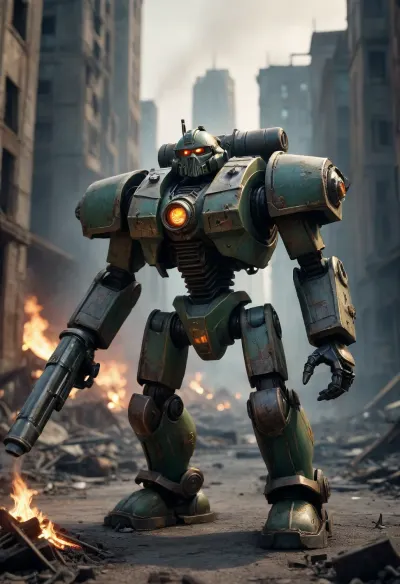 Mechanical goleaf warhammer 40000, in burned city