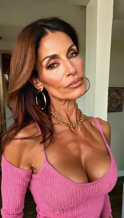 lazy eye, huge fake tits cleavage, pink turtleneck knit sweater, ((old, 50yo)), handcuffed, gold hoop earrings, nose ring, tattoos, sexy neck, ((old brown hair mom woman)), (tan skin), (skinny muscle), (beautiful Mexican instagram model face), (fit body), very beautiful, perfect skinny body, perfect face, looking at the camera, perfect eyes, (skinny fit), pretty, snub-nosed, long hair, 4ng3l, face, <lora:clothed_small:1.8>, <lora:SDXL_BetterFaces-LoRA_v1:.8>