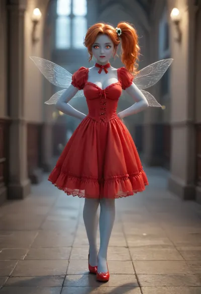 devil, evil, red skin, ginger, ((youthful small very puffy pointed ski-jump breasts with huge areolas:1.3)), natural breasts, cleavage, excessive pubic hair, (old milf:1.11), tiny odd little pixie, long spindly arms and mantis-like proportions, no pupils, glowing eyes, anime style, blue skin, f/1.4 lens, bokeh, tiny Daisy fairy princess, insect wings, see-through gossamer, in heat, in a video game, bombshell hair, glowing ginger hair, side ponytail, handstand, show full body in view, victorian, red dress, <lora:EnvyPixieXL01:.8>, <lora:victorian_dress-XL-2.0:.8>, <lora:BD1.1-000009:2>