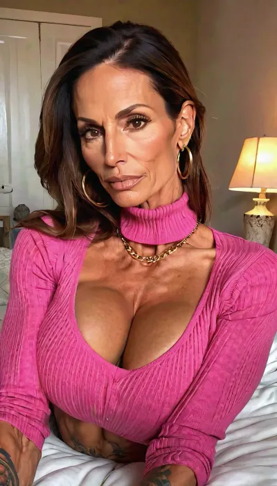 Lying on bed, huge fake tits cleavage, pink turtleneck knit sweater, ((old, 50yo)), handcuffed, gold hoop earrings, nose ring, tattoos, sexy neck, ((old brown hair mom woman)), (tan skin), (skinny muscle:1.3), (beautiful Mexican instagram model face), (fit body), very beautiful, perfect skinny body, perfect face, looking at the camera, perfect eyes, (skinny fit), pretty, snub-nosed, long hair, 4ng3l, face, <lora:clothed_small:1.8>, <lora:SDXL_BetterFaces-LoRA_v1:.8>