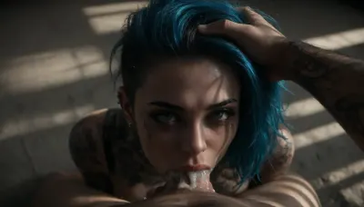 Emo punk, 21, (insanely sexy:1.5), elegant, slim, perfect breasts, very big bimbo lips, slim nose, big blue eyes, (aristocratic facial features), blue hair, very long eyelashes, oval face, thin eyebrows, (narrow face:1.3), strong makeup, (colourful body tattoos:1.5), (piercings:1.7), collar, (mascara tears:1.3), (ruined punk hairstyle:1.4), errected nipples, ((looking up:1.8)), (deepthroating white cock), (deepthroat:1.7), hand on head, (devot:1.9), (excessive cum swells out of mouth:1.3), sunshine, shadows, pov, detailxl, 1girl, emo, girl, <lora:Portrait_perfection:2>, <lora:2010s_Emo_Style_XL:2>, <lora:dark:.1>, <lora:detailer-xl:1.3>
