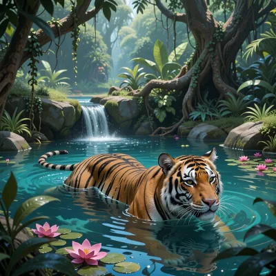 A tiger lounges in a pond in a lush jungle. The tiger is relaxing in the beautiful blue waters of the pond. The tiger is submerged in the water with only his head sticking out. A small waterfall trickles into the pond. Pink flowers dot the waters edge. Trees covered in vines surround the area., d&d, fantasy, highly detailed, digital painting, artstation, sharp focus, fantasy art, illustration, 8k, in the style of greg rutkowski. It's an absolute world-class masterpiece artwork. It's an aesthetically pleasing artwork with impeccable attention to detail and impressive composition.