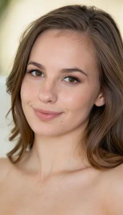 Caucasian woman with English heritage. Half body portrait which captures her breasts. Face, soft oval-to-heart-shaped facial structure with balanced proportions, gently rounded cheeks, a softly defined jawline, and a subtly rounded chin. Pale complexion with a natural warm-neutral undertone and realistic skin texture. Freckles. Medium-sized almond-shaped eyes with warm brown tones, naturally defined eyebrows with a gentle arch, and softly defined eyelashes. A small-to-medium straight nose with a softly rounded tip. Naturally shaped lips with a moderately full lower lip, defined cupid’s bow, and a warm, genuine smile showing straight white teeth. Subtle cheek definition and natural smile lines.

Hair, dark brown, straight-to-slightly-wavy hair with a smooth texture. Medium length, falling around and slightly past the shoulders. A side-to-center part with face-framing strands and soft pieces falling naturally around the cheeks. Keep the overall hairstyle feminine, understated, and realistic.

Expression, friendly, warm, approachable expression with a natural closed-tooth or subtle tooth-showing smile. Relaxed eyes and authentic facial expression rather than an exaggerated model-like pose.

Overall appearance, preserve the recognizable combination of facial proportions, eye shape, nose structure, mouth shape, cheek structure, jawline, and overall facial harmony visible across both references. Do not exaggerate or idealize individual features. Maintain natural asymmetry and realistic human details.

Photography, photorealistic DSLR portrait, natural skin pores and texture, realistic lighting and shadows, soft depth of field, eye-level camera, 50mm portrait-lens look, sharp focus on the eyes and face, subtle background blur, authentic candid photography, high facial detail, realistic color and texture, no artificial beauty-filter appearance.