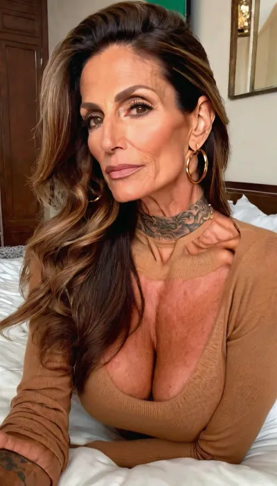 Lying on bed, huge fake tits cleavage, pink turtleneck knit sweater, ((old, 50yo)), handcuffed, gold hoop earrings, nose ring, tattoos, sexy neck, ((old Italian brown hair mom woman)), (tan skin), (skinny muscle:1.3), (beautiful Mexican instagram model face), (fit body), very beautiful, perfect skinny body, perfect face, looking at the camera, perfect eyes, (skinny fit), pretty, snub-nosed, long hair, <lora:clothed_small:1.8>