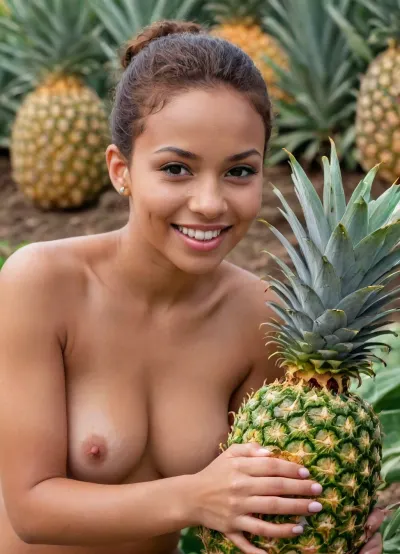 High detail, 8K resolution, a beautiful smiling mulatto woman, a farmer with kind beautiful eyes, (topless:1.4), with large heavy breasts, sitting in a pineapple field, harvesting, holding a ripe fruit in her hand, photorealistic image, juicy, colorful color reproduction., <lora:Portrait_perfection:.8>, green, eyes, blue, brown, perfecteyes, <lora:PerfectEyesXL:.8>