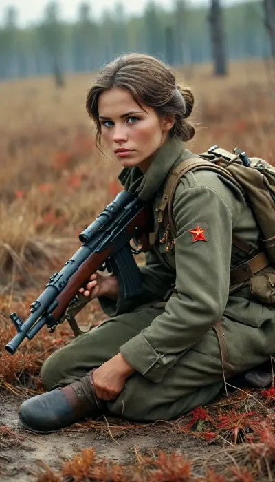 Soviet sniper woman od II World.Wr, Full Body, on battlefield, fucked by german soldiers, lyingfloor, <lora:MJ52:.8>, <lora:SNIPER_RIFLE__BY_STX:.8>