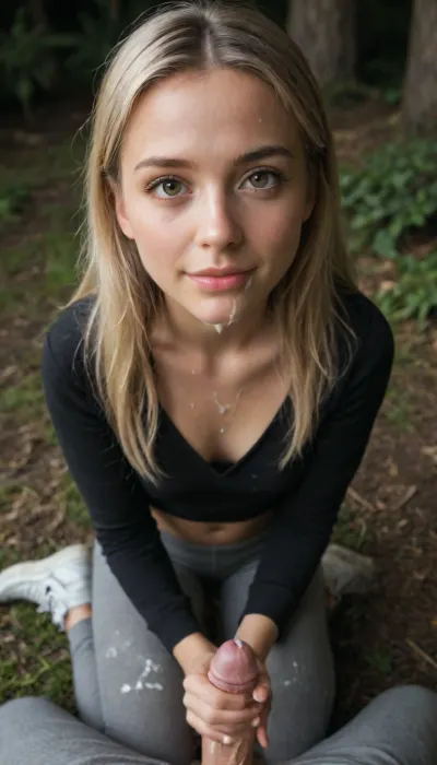 cinematic, pov, ultrarrealistic, from above, from side, super cute face, 25yo beautiful petite brunette, youthful face, playful, cheeky smile, sweaty skin, blonde hair, super skinny, stay on knees, (cum covered her pants:1.3), mouth open, cum on mouth, (cum on her pants), semen drips down, cleavage, (cum on cleavage, cum on legs), cum, uncensored, realistic, ejaculation, precum, cum_on_body, handjob, erection, ((projectile_cum)), testicles, cum on body, cum swapping, excessive cum, covered in cum, projectile cum, short woman, young adult woman, (petite), hair fringe, cutie face, big eyes, round eyes, long hair, brown eyes, small body, small breast, tiny boobs, wearing grey yoga pants, wearing black hoodie, white sneakers, petite body, tanned skin, professional photograph, ultra detailed, at forest at night, flat, chested, <lora:flat_chested_v3.5:2>