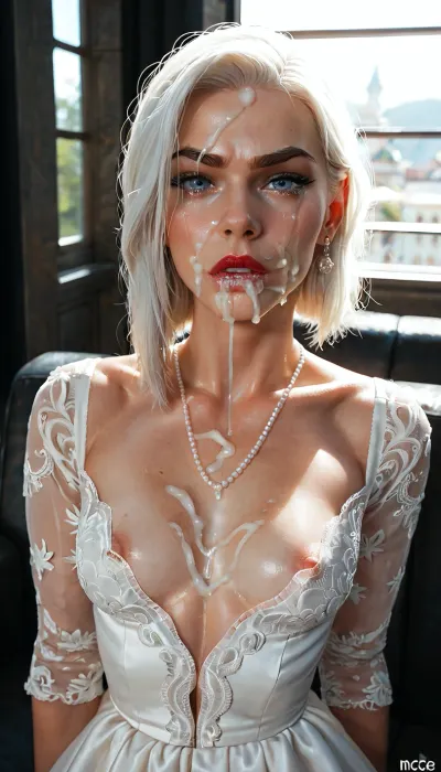 high quality, masterpiece, Ashe, (overwatch), facial, post-apocalypse, torn clothes, nipple slip, crying, defeat, close-up, excessive cum in mouth, disgust, cum drip, closed mouth, black theme, cum overflow, incase, cum on forehead, cum on hair, blue eyes, bright luxurious bedroom, airy light-colored interior, white and cream furnishings, soft daylight, elegant decor, luxurious elegant wedding dress, intricate white lace, delicate floral embroidery, fitted bodice, sweetheart neckline, long flowing skirt, layered tulle, translucent lace sleeves, satin fabric, subtle pearl embellishments, sparkling crystal details, long elegant train, sophisticated haute couture bridal Design, (Ultra skinny:1.6)