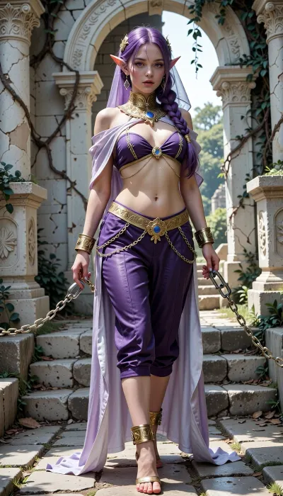 An elf girl with purple hair. Her long hair is braided into a thick braid that runs down her back. Earrings are visible in her pointed ears, and her eyes are a bright lilac color. Her face is partially hidden by a translucent purple veil, leaving her eyes and forehead exposed. A massive gold collar is worn around his neck. She is wearing a revealing purple oriental-style outfit consisting of a bodice and loose semi-transparent trousers. The bodice is decorated with gold embroidery and chains, emphasizing the neckline and embossed abs. Trousers with high slits on the sides are decorated with gold braid and chains on the hips. A light cape made of the same material is fixed on the shoulders. There are gold handcuff bracelets on her wrists, from which massive chains connect her wrists to her ankles. On her feet she wears gold high-heeled shoes with ankle straps, over which she also wears wide gold bracelets with chains connecting her legs to each other. The action takes place against the background of the destroyed ancient ruins of white stone. Carved columns, arches and stone steps are visible, covered with traces of time and woven into the greenery. In the background, bright daylight breaks through the foliage of the trees, creating a contrast between light and shadow. The floor surface is lined with stone slabs.