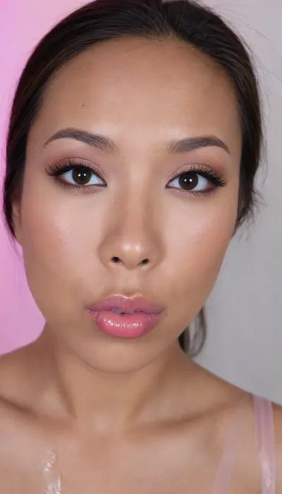 (portrait of a Pinay Filipina Asian:1.2), (tightly closed mouth, lips together:1.2), A Filipina's slut face and shoulders, (27 years old), dark brown tanned skin, (softly overlined lips with muted rosy nude-pink lipstick, (subtle mauve undertones), (slightly deeper pink lip liner defining the edges:1.2), sheer translucent gloss layered over the lipstick, soft reflective highlights on the center of the lips, naturally full-looking lips), (medium-width natural nose), (straight natural nose bridge), (softly rounded slightly bulbous nose tip), (naturally wider nostrils), (subtle nasal width), (nose proportionate to the face), masculine jaw, (softly rounded jawline), (looking straight at camera:1.1), closed lips, (face portrait), (frontal shot), (round to softly oval face), natural facial asymmetry, natural facial proportions, realistic skin texture