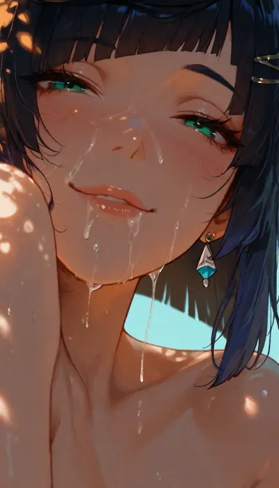 1girl, YELAN from Genshin Impact, hairclip, sidelocks tied back, solo, smiling, abstract background, aqua background, lips, looking at viewer, seductive, half-closed eyes, cum dripping from side of her mouth, cum on face, WARM COLORS. CONTRAST, facial, smile, horny face, naughty face, blushing, (dappled light, dappled sunlight), <lora:Jeweled eyes-NAI:1>, <lora:MJ52:1>, <lora:BUT_SDXL_SHS:.9>, <lora:SDXL Detail:1.2>, <lora:detailed_notrigger:2>