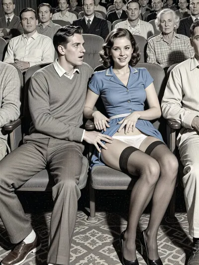 This is a detailed monochromatic pencil drawing in a classical illustrative style depicts a scene set in in the movie theater in the 1950s, 1 younger guy and 1 older woman, The younger guy 's hand is on the woman's crotch, The younger guy touchs milf's hips by fingers while watching the movie, woman smiling, younger guy look at her, woman is wearing a 1950s blue dress and Her dress is slightly pulled up, she is wearing brown stockings and white panties, lady heels. with brown hair, younger guy is looking sexually aroused and lustful, head tilted back enjoying, candid amateur picture, younger guy is fully visible, (((younger guy looking at woman and woman are looking straight ahead at camera))), The overall style is a black and white pencil drawing, capturing a candid moment. The scene has a formal, organized atmosphere.The cinema is full of people sitting, The overall mood is intense, rendered in fine, expressive line work and subtle shading, evoking the style of 1950s satirical or moralistic illustrations.