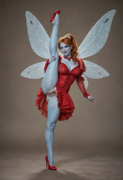 devil, evil, red skin, ginger, ((youthful small very puffy pointed ski-jump breasts with huge areolas:1.3)), natural breasts, cleavage, excessive pubic hair, (old milf:1.11), tiny odd little pixie, long spindly arms and mantis-like proportions, no pupils, glowing eyes, anime style, blue skin, f/1.4 lens, bokeh, tiny Daisy fairy princess, insect wings, see-through gossamer, in heat, in a video game, bombshell hair, glowing ginger hair, side ponytail, handstand, show full body in view, victorian, red dress, woman, small, breasts, medium, large, spreading, legs, creampie, pussy, nude, body, closeup, <lora:EnvyPixieXL01:.8>, <lora:victorian_dress-XL-2.0:.8>, <lora:BD1.1-000009:2>, <lora:nsfw-xl-2.0:.8>
