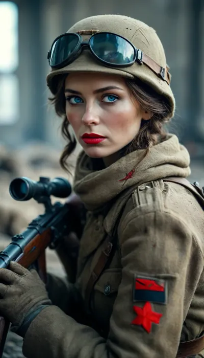 Soviet sniper woman od Stalingrad, Full Body, Full view, Blue eyes, red lip stock, on battlefield, brutal, forcef fucked by german soldier, lyingfloor, <lora:MJ52:.8>