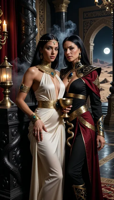 A beautiful adult Stygian princess stands in a grand Stygian palace in the Hyborian Age, dark sword-and-sorcery atmosphere inspired by Conan. She is in her mid-twenties, with deep bronze-brown skin, dark almond eyes, long straight raven-black hair, refined aristocratic features, and a calm, proud, dangerously self-assured expression. She wears luxurious Stygian royal clothing inspired by ancient Egyptian and Near Eastern aesthetics transformed into dark fantasy, a extremely skimpy fitted ivory sheer silk gown with elegant draped fabric, ornate gold collar, jeweled belt, heavy bracelets, armlets, rings, and a delicate gold diadem with a subtle serpent motif. One hand rests on the carved black-stone arm of an ornate throne, the other holds a golden ceremonial cup.

Behind and slightly beside her stands her female Stygian sorcerer, advisor and lover. She is an equally beautiful adult Stygian woman, slightly taller, with dark bronze skin, long black hair, intense almost-black eyes, and an unnervingly calm expression. She wears layered black and deep crimson robes decorated with ancient gold sigils, serpentine embroidery, occult symbols of Set, dark gemstones, and a serpent-shaped talisman of blackened gold. She stands far closer than a mere advisor should, one hand resting lightly and possessively at the princess’s waist as she leans toward her ear as if whispering private counsel. The princess’s relaxed posture and faint private smile reveal intimacy, trust and conspiracy between them.

Subtle magic surrounds the sorceress, faint dark smoke around her fingers, a dim green-gold glow in her eyes, and the ghostly suggestion of a vast serpent shape hidden in the shadows behind her. The palace is unmistakably Stygian, towering black stone columns carved with serpents, golden braziers, red silk curtains, bronze lamps, carved ritual reliefs, polished stone floors, incense smoke, statues of ancient kings and priests, and distant arches opening toward a moonlit desert city and a great dark river. A colossal shadowed statue of Set looms in the background. Luxurious, decadent, dangerous atmosphere. Cinematic full-body composition, princess dominant in the foreground, sorceress intimately behind her, realistic anatomy, dramatic chiaroscuro, warm firelight mixed with cool moonlight, richly detailed fabrics, jewelry and architecture, photorealistic dark fantasy, epic sword-and-sorcery film still.