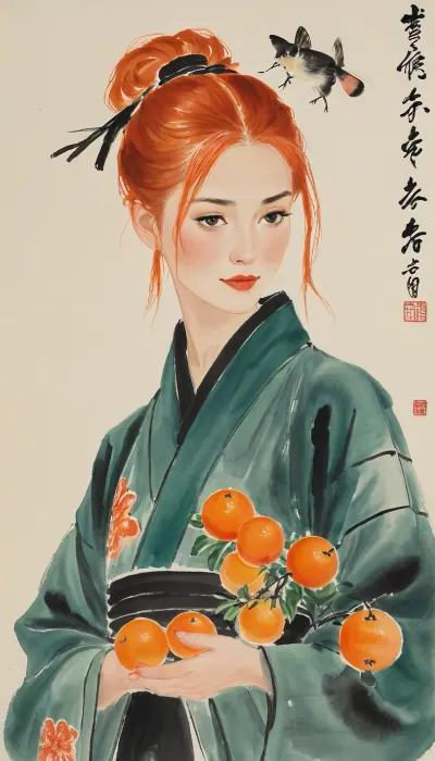 Gwen Tennyson, (bright orange hair), portrayed with the artistic essence of Qi Baishi's renowned brushwork, wearing a kimono, Using minimal strokes, Qi Baishi's signature style brings out Gwen's character, emphasizing its curiosity and independence. Gwen might be depicted in a simple yet evocative setting, surrounded by delicate depictions of flora or objects that offer a glimpse into its world.The overall scene carries a sense of whimsy and an appreciation for the beauty in everyday life, gwen, tennyson, (/Ben10), /, (ultra, HD, quality, details), bright, orange, hair, short, (green, eyes), style, of, Qi, Baishi, baishi, <lora:tbh170-sdxl:2>, <lora:baishi_xl_0_-000004:2>
