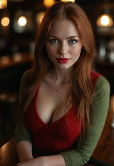 busty beauty, 25yo woman, long redhead hair, light green eyes, straight hair, shy smile, cute, red lipstick, tight wool top, deep neckline, in a pub, close view, view from above, (Ultra realistic, best quality), <lora:MJ52:.8>