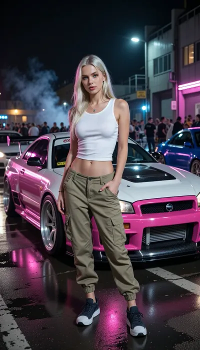 Photorealistic cinematic full-body portrait of a beautiful Danish Scandinavian female street racer in her mid-20s standing confidently in front of her heavily modified Nissan Skyline GT-R at an illegal nighttime street racing event. She has long platinum-blonde hair, striking blue eyes, fair Nordic skin, athletic feminine build, self-assured slightly rebellious expression. She wears a tight fitted white tank top, low-rise khaki cargo pants sitting loosely on her hips, practical sneakers, subtle silver jewelry.

Behind her is her personal highly tuned Nissan Skyline GT-R, aggressive Japanese tuner build, widebody kit, lowered suspension, large performance wheels, low-profile tires, huge intercooler, racing brakes, carbon-fiber details, aerodynamic front splitter and rear wing. Distinctive custom two-tone paint scheme, vivid hot pink and clean pearl white, glossy finish reflecting the surrounding neon lights. The car looks genuinely race-prepared rather than a showroom display.

Nighttime underground street racing meet in an industrial district, wet asphalt reflecting pink, blue and white neon, modified Japanese performance cars and small groups of racers in the background, headlights, faint tire smoke, portable work lights, energetic crowd atmosphere. She stands directly in front of her GT-R as if waiting for her race to be called, relaxed but focused, one hand casually resting near her cargo pocket, unmistakable owner-and-driver body language.

Low cinematic camera angle, 35mm automotive photography, shallow depth of field, realistic skin texture, realistic fabric folds, detailed platinum hair, accurate human anatomy, dramatic neon rim lighting, soft reflections across the car body, subtle atmospheric haze, gritty late-night street racing aesthetic, high-end editorial automotive photography, natural proportions, highly detailed, realistic, cinematic.