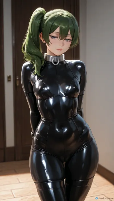 (masterpiece, best quality, highres, photorealistic anime style), ubel from susou_no_frieren, flat-chested, on her knees, in a tight latex catsuit, hands tied behind her back, wearing latex thighhighs, legs tied together, wearing a big metal collar, explicit, nsfw.