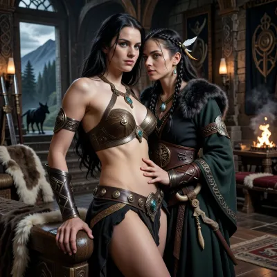 A beautiful adult Cimmerian princess stands in the great hall of a chieftain in Cimmeria, in a dark sword-and-sorcery world inspired by Conan. She is in her mid-twenties, tall, strong and regal, with pale weathered skin, storm-gray eyes, long thick raven-black hair, proud delicate features, and a calm, self-assured expression. She is beautiful in a fierce northern way, more powerful and delicate. She wears luxurious but harsh Cimmerian armor suited to a brutal land, a tight fitted ornate bronze bikini snugly containing her impressive bosom, decorated with bronze clasps, arm rings, belts and carved bone or stone jewelry. One hand rests on the carved arm of a heavy wooden throne.

Behind and slightly beside her stands her female Cimmerian shaman, advisor and lover. She is an equally beautiful adult woman, slightly taller, with pale skin, dark hair braided with bone beads and feathers, piercing gray eyes, and an intense, unreadable expression. She wears layered black, charcoal and deep forest-green robes of wool, fur and leather, decorated with runes, talismans, carved bone charms, antler pieces and ancient tribal symbols. She stands far closer than a mere advisor should, one hand resting lightly and possessively at the princess’s waist as she leans toward her ear as if whispering private counsel. The princess’s relaxed posture and faint private smile reveal intimacy, trust and conspiracy between them.

Subtle ancient magic surrounds the shaman, faint mist around her fingers, a dim cold blue-gray glow in her eyes, and the ghostly suggestion of a wolf, raven or shadowy ancestral spirit hidden in the darkness behind her. The hall is unmistakably Cimmerian, massive timber beams, rough stone walls, carved wooden pillars, animal pelts, shields, spears, bronze braziers, smoky firelight, long benches, ancient banners, and a distant opening showing bleak mountains, dark forests and a storm-heavy sky. The atmosphere is harsh, ancient, intimate and dangerous, with the feeling of tribal power, old bloodlines and forbidden northern magic. Cinematic full-body composition, princess dominant in the foreground, shaman intimately behind her, realistic anatomy, dramatic firelight and cold northern light, richly detailed fur, leather, wood and stone textures, photorealistic dark fantasy, epic sword-and-sorcery film still.