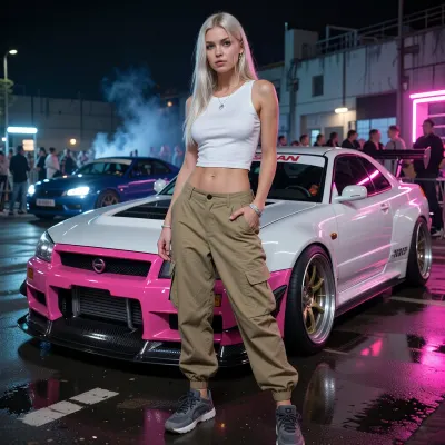Photorealistic cinematic full-body portrait of a beautiful Danish Scandinavian female street racer in her mid-20s standing confidently in front of her heavily modified Nissan Skyline GT-R at an illegal nighttime street racing event. She has long platinum-blonde hair, striking blue eyes, fair Nordic skin, athletic feminine build, self-assured slightly rebellious expression. She wears a tight fitted white tank top, low-rise khaki cargo pants sitting loosely on her hips, practical sneakers, subtle silver jewelry.

Behind her is her personal highly tuned Nissan Skyline GT-R, aggressive Japanese tuner build, widebody kit, lowered suspension, large performance wheels, low-profile tires, huge intercooler, racing brakes, carbon-fiber details, aerodynamic front splitter and rear wing. Distinctive custom two-tone paint scheme, vivid hot pink and clean pearl white, glossy finish reflecting the surrounding neon lights. The car looks genuinely race-prepared rather than a showroom display.

Nighttime underground street racing meet in an industrial district, wet asphalt reflecting pink, blue and white neon, modified Japanese performance cars and small groups of racers in the background, headlights, faint tire smoke, portable work lights, energetic crowd atmosphere. She stands directly in front of her GT-R as if waiting for her race to be called, relaxed but focused, one hand casually resting near her cargo pocket, unmistakable owner-and-driver body language.

Low cinematic camera angle, 35mm automotive photography, shallow depth of field, realistic skin texture, realistic fabric folds, detailed platinum hair, accurate human anatomy, dramatic neon rim lighting, soft reflections across the car body, subtle atmospheric haze, gritty late-night street racing aesthetic, high-end editorial automotive photography, natural proportions, highly detailed, realistic, cinematic.
