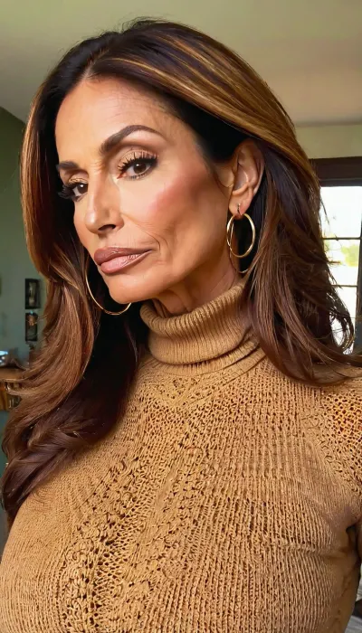 lazy eye, huge fake tits cleavage, turtleneck knit sweater, ((old, 50yo)), beautiful body, gold hoop earrings, nose ring, tattoos, sexy neck, ((old brown hair mom woman)), (tan skin), (skinny muscle), (beautiful Mexican instagram model face), (fit body), very beautiful, perfect skinny body, perfect face, looking at the camera, perfect eyes, (skinny fit), pretty, snub-nosed, long hair, 4ng3l, face, <lora:clothed_small:1.8>, <lora:SDXL_BetterFaces-LoRA_v1:.8>