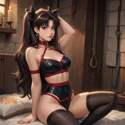 rin tohsaka from fate zero dross style reiq meets, woman, A sexy goth girl wearing a thick collar and black stockings stood in a medieval style BDSM dungeon in rope bondage