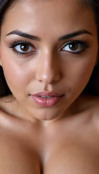 30 YEAR OLD MEXICAN BIMBO SLUT, VERY EXTREMELY EXTREMELY CLOSE UP, FACE & BREASTS DIRECTLY IN VIEWERS FACE, FACE TO FACE, DIRECTLY IN FRONT OF VIEWER, BIG BOOBS, VERY CLOSE UP, BENDING FORWARD, DARK TANNED FACE, VERY TANNED SKIN, NO SHADOWS, LONG NATURAL BLACK HAIR, BROWN EYES, BIG BIMBO LIPS, SMILING, SLUT, IN DARK BEDROOM, WOMAN DIRECTLY IN FRONT OF VIEWER UP CLOSE, NUKED, PERFECT FACE, LUSTFUL APPEARANCE