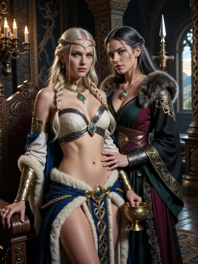A beautiful adult Æsir princess stands in a magnificent royal hall in Asgard, in a dark mythic fantasy world inspired by Norse legend and heroic sword-and-sorcery. She is in her mid-twenties, tall, regal and powerful, with fair skin, striking blue-gray eyes, and long pale blonde hair braided with gold rings and small runic ornaments. Her features are noble, elegant and strong, and her expression is calm, proud and self-assured. She wears luxurious Asgardian royal clothing, a finely woven ivory and deep blue bikini layered with rich wool, linen and fur, fitted but regal, with embroidered knotwork, gold trim, heavy arm rings, rings, a broad gold neck collar, and a delicate circlet shaped with subtle raven and sun motifs. One hand rests on the carved arm of a great wooden throne, the other holds a ceremonial golden cup.

Behind and slightly beside her stands her female Æsir sorceress, advisor and lover. She is an equally beautiful adult woman, slightly taller, long ash-blonde hair, pale gray eyes, and an intense, unreadable expression. She wears layered robes in black, deep green and muted crimson, trimmed with fur and embroidered with runes and knotwork, adorned with gold jewelry, carved amber, and a small talisman shaped like a raven or serpent. She stands far closer than a mere advisor should, one hand resting lightly and possessively at the princess’s waist as she leans toward her ear as if whispering private counsel. The princess’s relaxed posture and faint private smile reveal intimacy, trust and conspiracy between them.

Subtle magic surrounds the sorceress, faint drifting mist around her fingers, a dim cold blue glow in her eyes, and the ghostly suggestion of ancient runes or a great spectral serpent or raven hidden in the shadows behind her. The hall is unmistakably Asgardian, towering carved wooden pillars, knotwork beams, braziers burning with warm firelight, banners, furs, shields and ceremonial spears on the walls, intricate carvings of gods and heroes, polished stone and wood floors, and distant arches opening toward a dramatic sky, mountains and golden light. The atmosphere is majestic, ancient, luxurious and dangerous, with the feeling of royal intrigue and old magic. Cinematic full-body composition, princess dominant in the foreground, sorceress intimately behind her, realistic anatomy, dramatic lighting, richly detailed fabrics, jewelry and architecture, photorealistic dark mythic fantasy, epic fantasy film still.