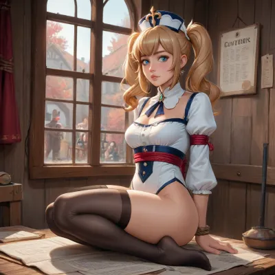 barbara from genshin impact dross style reiq meets A sexy girl wearing a thick collar and black stockings stood in a medieval style BDSM dungeon in rope bondage