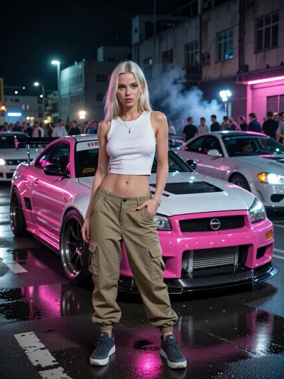 Photorealistic cinematic full-body portrait of a beautiful Danish Scandinavian female street racer in her mid-20s standing confidently in front of her heavily modified Nissan Skyline GT-R at an illegal nighttime street racing event. She has long platinum-blonde hair, striking blue eyes, fair Nordic skin, athletic feminine build, self-assured slightly rebellious expression. She wears a tight fitted white tank top, low-rise khaki cargo pants sitting loosely on her hips, practical sneakers, subtle silver jewelry.

Behind her is her personal highly tuned Nissan Skyline GT-R, aggressive Japanese tuner build, widebody kit, lowered suspension, large performance wheels, low-profile tires, huge intercooler, racing brakes, carbon-fiber details, aerodynamic front splitter and rear wing. Distinctive custom two-tone paint scheme, vivid hot pink and clean pearl white, glossy finish reflecting the surrounding neon lights. The car looks genuinely race-prepared rather than a showroom display.

Nighttime underground street racing meet in an industrial district, wet asphalt reflecting pink, blue and white neon, modified Japanese performance cars and small groups of racers in the background, headlights, faint tire smoke, portable work lights, energetic crowd atmosphere. She stands directly in front of her GT-R as if waiting for her race to be called, relaxed but focused, one hand casually resting near her cargo pocket, unmistakable owner-and-driver body language.

Low cinematic camera angle, 35mm automotive photography, shallow depth of field, realistic skin texture, realistic fabric folds, detailed platinum hair, accurate human anatomy, dramatic neon rim lighting, soft reflections across the car body, subtle atmospheric haze, gritty late-night street racing aesthetic, high-end editorial automotive photography, natural proportions, highly detailed, realistic, cinematic.