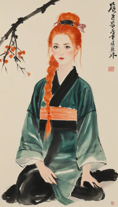 Gwen Tennyson, (bright orange hair), portrayed with the artistic essence of Qi Baishi's renowned brushwork, wearing a kimono, Using minimal strokes, Qi Baishi's signature style brings out Gwen's character, emphasizing its curiosity and independence. Gwen might be depicted in a simple yet evocative setting, surrounded by delicate depictions of flora or objects that offer a glimpse into its world.The overall scene carries a sense of whimsy and an appreciation for the beauty in everyday life, gwen, tennyson, (/Ben10), /, (ultra, HD, quality, details), bright, orange, hair, short, (green, eyes), style, of, Qi, Baishi, baishi, <lora:tbh170-sdxl:2>, <lora:baishi_xl_0_-000004:2>