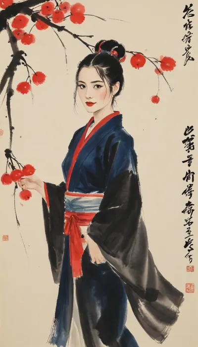 Harley Quinn from Batman, portrayed with the artistic essence of Qi Baishi's renowned brushwork, wearing a kimono, Using minimal strokes, Qi Baishi's signature style brings out Gwen's character, emphasizing its curiosity and independence. Gwen might be depicted in a simple yet evocative setting, surrounded by delicate depictions of flora or objects that offer a glimpse into its world.The overall scene carries a sense of whimsy and an appreciation for the beauty in everyday life, (ultra, HD, quality, details), style, of, Qi, Baishi, baishi, <lora:tbh170-sdxl:2>, <lora:baishi_xl_0_-000004:2>