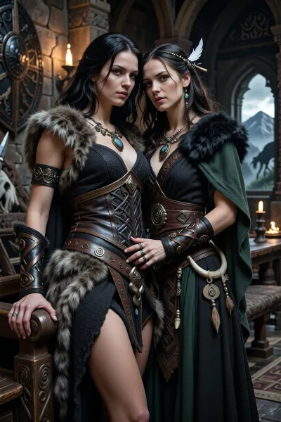 A beautiful adult Cimmerian princess stands in the great hall of a chieftain in Cimmeria, in a dark sword-and-sorcery world inspired by Conan. She is in her mid-twenties, tall, strong and regal, with pale weathered skin, storm-gray eyes, long thick raven-black hair, proud delicate features, and a calm, self-assured expression. She is beautiful in a fierce northern way, more powerful and delicate. She wears luxurious but harsh Cimmerian noble clothing suited to a brutal land, a dark wool loincloth layered with leather and heavy fur, fitted enough to show rank without looking modern, decorated with knotwork embroidery, bronze clasps, arm rings, belts and carved bone or stone jewelry. One hand rests on the carved arm of a heavy wooden throne.

Behind and slightly beside her stands her female Cimmerian shaman, advisor and lover. She is an equally beautiful adult woman, slightly taller, with pale skin, dark hair braided with bone beads and feathers, piercing gray eyes, and an intense, unreadable expression. She wears layered black, charcoal and deep forest-green robes of wool, fur and leather, decorated with runes, talismans, carved bone charms, antler pieces and ancient tribal symbols. She stands far closer than a mere advisor should, one hand resting lightly and possessively at the princess’s waist as she leans toward her ear as if whispering private counsel. The princess’s relaxed posture and faint private smile reveal intimacy, trust and conspiracy between them.

Subtle ancient magic surrounds the shaman, faint mist around her fingers, a dim cold blue-gray glow in her eyes, and the ghostly suggestion of a wolf, raven or shadowy ancestral spirit hidden in the darkness behind her. The hall is unmistakably Cimmerian, massive timber beams, rough stone walls, carved wooden pillars, animal pelts, shields, spears, bronze braziers, smoky firelight, long benches, ancient banners, and a distant opening showing bleak mountains, dark forests and a storm-heavy sky. The atmosphere is harsh, ancient, intimate and dangerous, with the feeling of tribal power, old bloodlines and forbidden northern magic. Cinematic full-body composition, princess dominant in the foreground, shaman intimately behind her, realistic anatomy, dramatic firelight and cold northern light, richly detailed fur, leather, wood and stone textures, photorealistic dark fantasy, epic sword-and-sorcery film still.