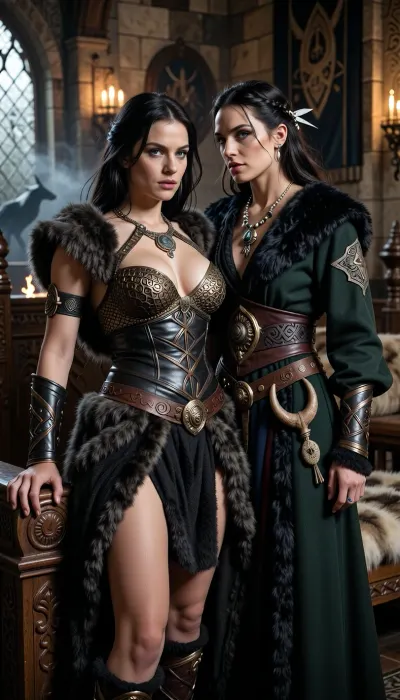 A beautiful adult Cimmerian princess stands in the great hall of a chieftain in Cimmeria, in a dark sword-and-sorcery world inspired by Conan. She is in her mid-twenties, tall, strong and regal, with pale weathered skin, storm-gray eyes, long thick raven-black hair, proud delicate features, and a calm, self-assured expression. She is beautiful in a fierce northern way, more powerful and delicate. She wears luxurious but harsh Cimmerian noble clothing suited to a brutal land, a dark wool loincloth layered with leather and heavy fur, fitted enough to show rank without looking modern, decorated with knotwork embroidery, bronze clasps, arm rings, belts and carved bone or stone jewelry, and a tight fitted ornate bronze chainmail bikini top snugly containing her ample bosom. One hand rests on the carved arm of a heavy wooden throne.

Behind and slightly beside her stands her female Cimmerian shaman, advisor and lover. She is an equally beautiful adult woman, slightly taller, with pale skin, dark hair braided with bone beads and feathers, piercing gray eyes, and an intense, unreadable expression. She wears layered black, charcoal and deep forest-green robes of wool, fur and leather, decorated with runes, talismans, carved bone charms, antler pieces and ancient tribal symbols. She stands far closer than a mere advisor should, one hand resting lightly and possessively at the princess’s waist as she leans toward her ear as if whispering private counsel. The princess’s relaxed posture and faint private smile reveal intimacy, trust and conspiracy between them.

Subtle ancient magic surrounds the shaman, faint mist around her fingers, a dim cold blue-gray glow in her eyes, and the ghostly suggestion of a wolf, raven or shadowy ancestral spirit hidden in the darkness behind her. The hall is unmistakably Cimmerian, massive timber beams, rough stone walls, carved wooden pillars, animal pelts, shields, spears, bronze braziers, smoky firelight, long benches, ancient banners, and a distant opening showing bleak mountains, dark forests and a storm-heavy sky. The atmosphere is harsh, ancient, intimate and dangerous, with the feeling of tribal power, old bloodlines and forbidden northern magic. Cinematic full-body composition, princess dominant in the foreground, shaman intimately behind her, realistic anatomy, dramatic firelight and cold northern light, richly detailed fur, leather, wood and stone textures, photorealistic dark fantasy, epic sword-and-sorcery film still.
