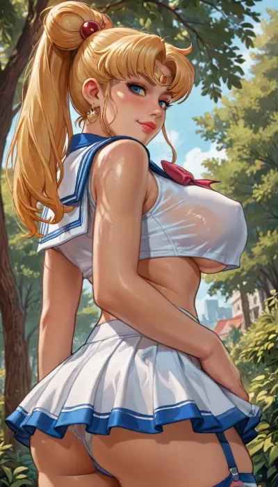 reiq style, masterpiece, view from back, side below, (sexy pose), sweat, eyes looking at viewer, smile, blushing, 1girl, at park, Fake lips, (strong sunlight), brown tan skin, (massive pierced fake breasts), sailor moon with mini skirt and garter belt, (intense blushing), steam, solo, ratatatat74, <lora:LCMTurboMix_Euler_A_fix:.6>, <lora:ratatatat74-000050:1.1>, <lora:Tsune_XL:1.8>, <lora:EnvyPastelAnimeXL01:1.7>, <lora:AshMilkshake_Illustrious_v1:1.8>