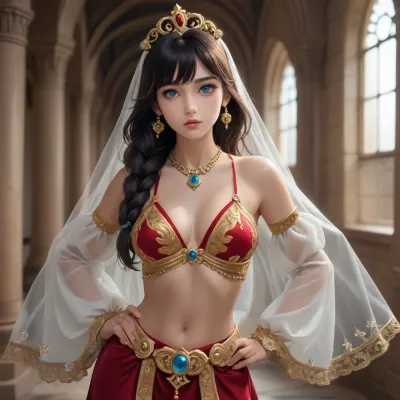 barbara from genshin impact dross style reiq meets A beautiful concubine of the great sultan, a young woman with large, expressive eyes framed by thick eyelashes, full lips, and long dark hair gathered back beneath a translucent, light-coloured veil. On her head is an openwork golden tiara set with a large blue gemstone. Her gaze is confident and direct. She wears a sumptuous harem costume, a luxurious top with long, semi-transparent sleeves, richly embroidered with golden motifs and adorned with gemstones, featuring a plunging neckline and an exposed midriff. A wide gold belt set with the same gemstones. The lower part consists of a dark burgundy velvet skirt with a gold trim. She wears gold drop earrings, a gold necklace with a large sapphire, and gold rings on her fingers. One hand rests on her chest, the other on her hip. She is dancing in a sumptuous palace hall with high gilded arches, blue-and-gold murals, marble columns and a large arched window through which soft, warm daylight streams. In the background are the blurred figures of other concubines. An atmosphere of oriental opulence, the sultan’s harem, soft, three-dimensional lighting, highly detailed textures of skin, fabrics and gold – a masterpiece, of the highest quality, exceptionally detailed