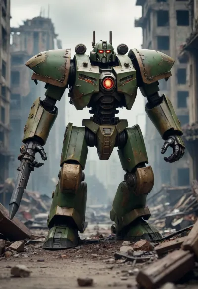 Mechanical goleaf warhammer 40000, in front of a destroyed city