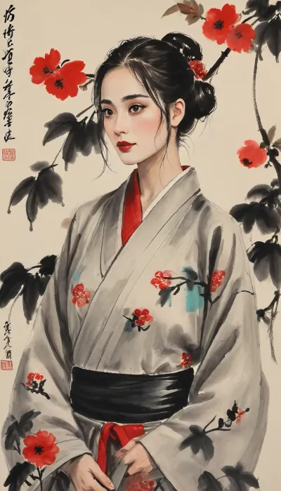 Harley Quinn from Batman, portrayed with the artistic essence of Qi Baishi's renowned brushwork, wearing a kimono, Using minimal strokes, Qi Baishi's signature style brings out Gwen's character, emphasizing its curiosity and independence. Gwen might be depicted in a simple yet evocative setting, surrounded by delicate depictions of flora or objects that offer a glimpse into its world.The overall scene carries a sense of whimsy and an appreciation for the beauty in everyday life, (ultra, HD, quality, details), style, of, Qi, Baishi, baishi, <lora:tbh170-sdxl:2>, <lora:baishi_xl_0_-000004:2>